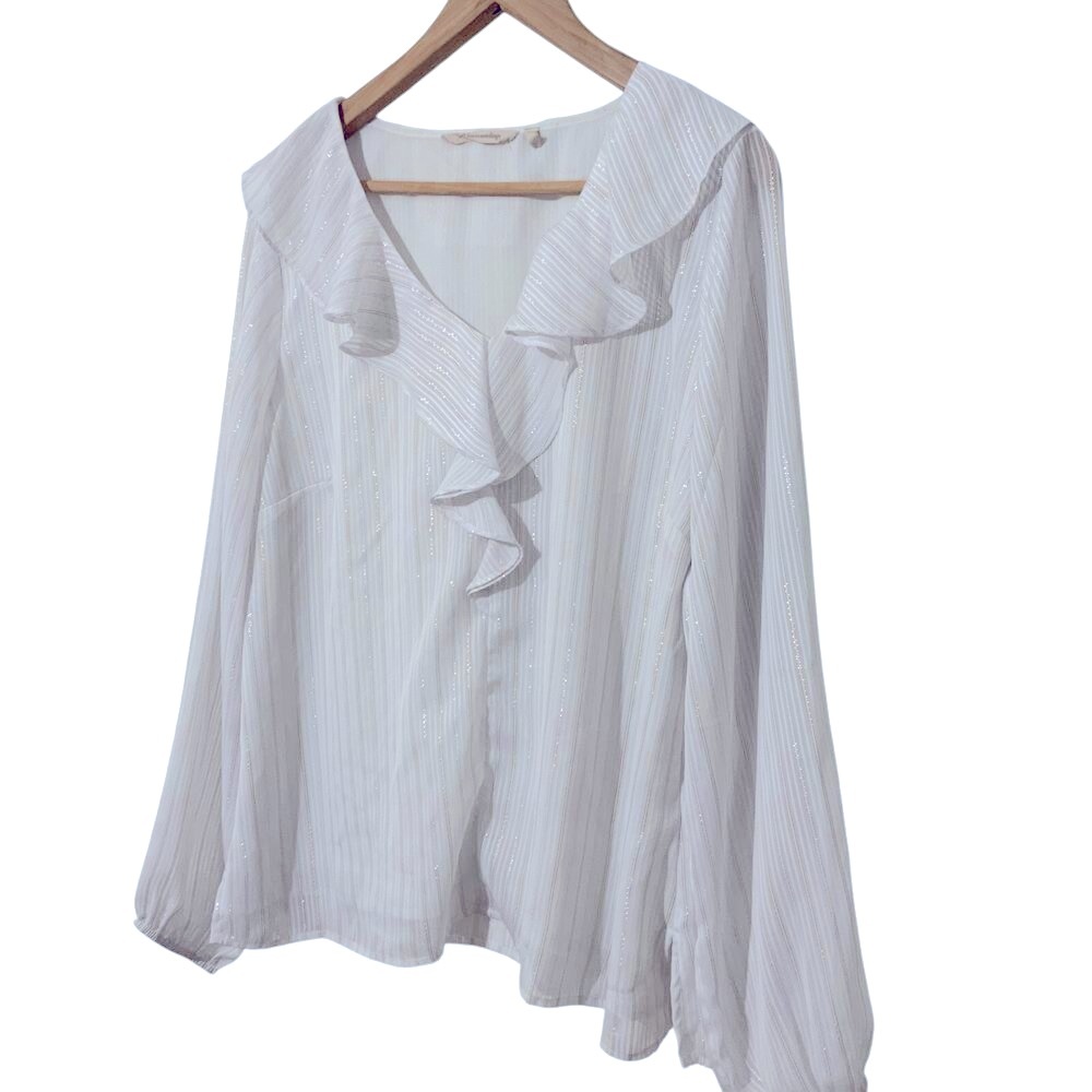 Soft Surroundings White Ruffled V-Neck Long-Sleeve Blouse - Picture 4 of 13